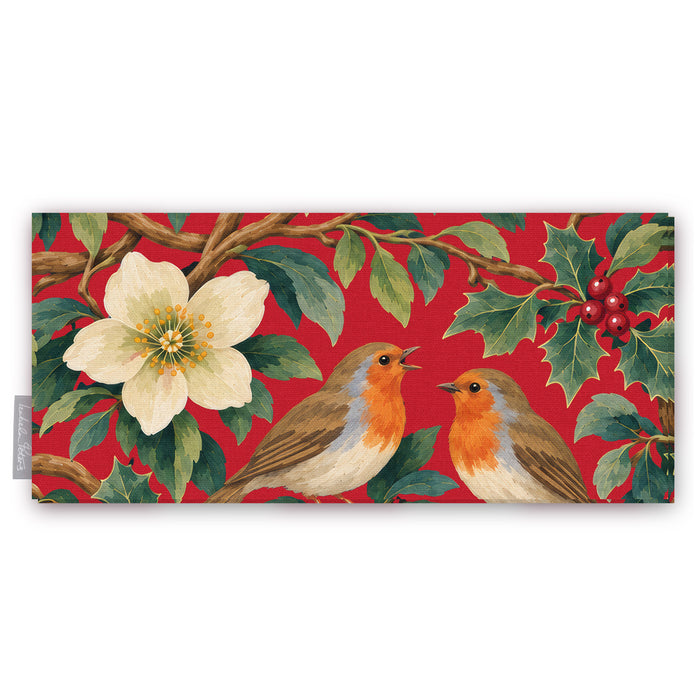 Red Robins and Christmas Roses Christmas table runner folded on white, showing a Christmas rose and two robins