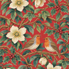 Close-up of the red Robins and Christmas Roses tablecloth print on cotton, showing robins, Christmas roses and holly