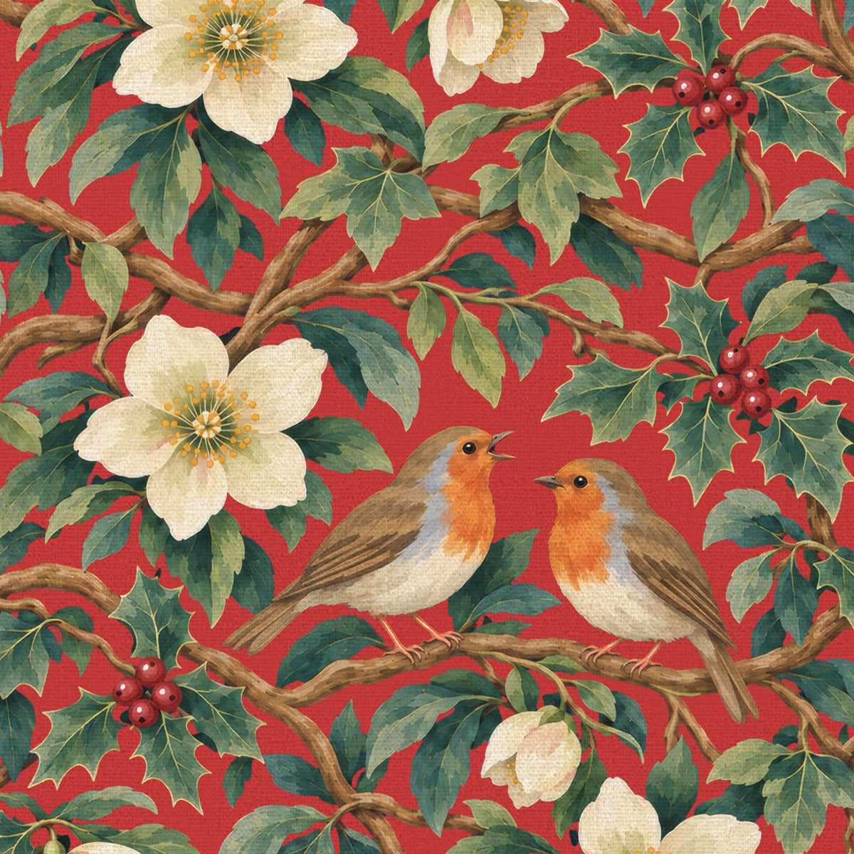 Close-up of the red Robins and Christmas Roses tablecloth print on cotton, showing robins, Christmas roses and holly