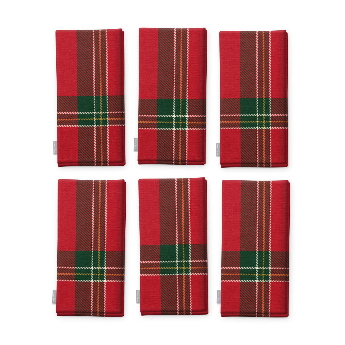 Red Tartan Christmas napkins, set of six, folded on white, showing the same tartan check