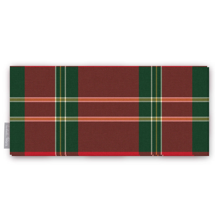 Red Tartan Christmas table runner folded on white, showing the tartan check