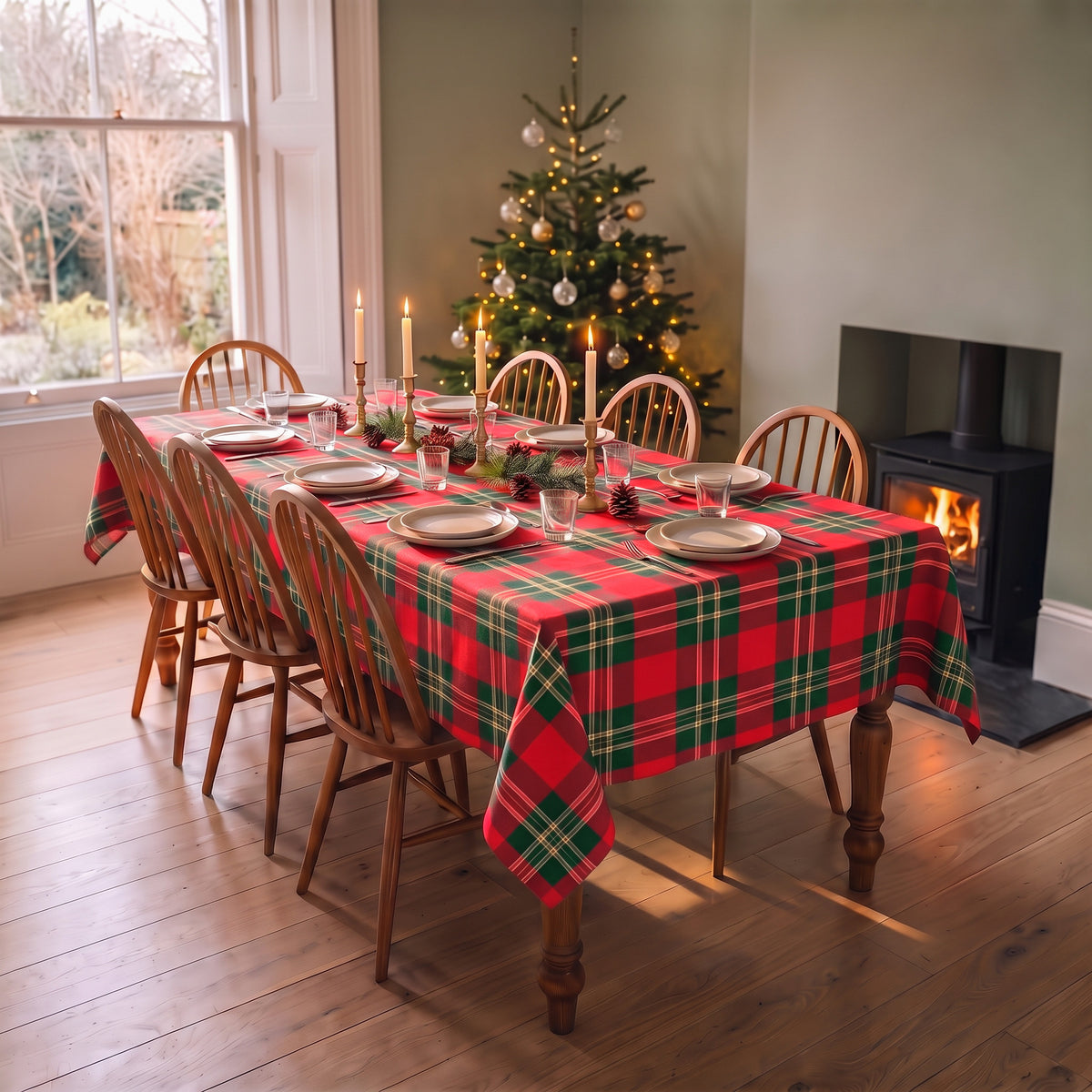 Red tartan Christmas tablecloth on a dining table laid for Christmas, beside a decorated tree and a lit wood burner