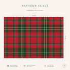 Red tartan Christmas tablecloth pattern-scale infographic showing the 144 cm width, check design, fabric, hemming and care details