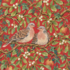 Close-up of the red Turtle Doves and Mistletoe Christmas napkin print on cotton