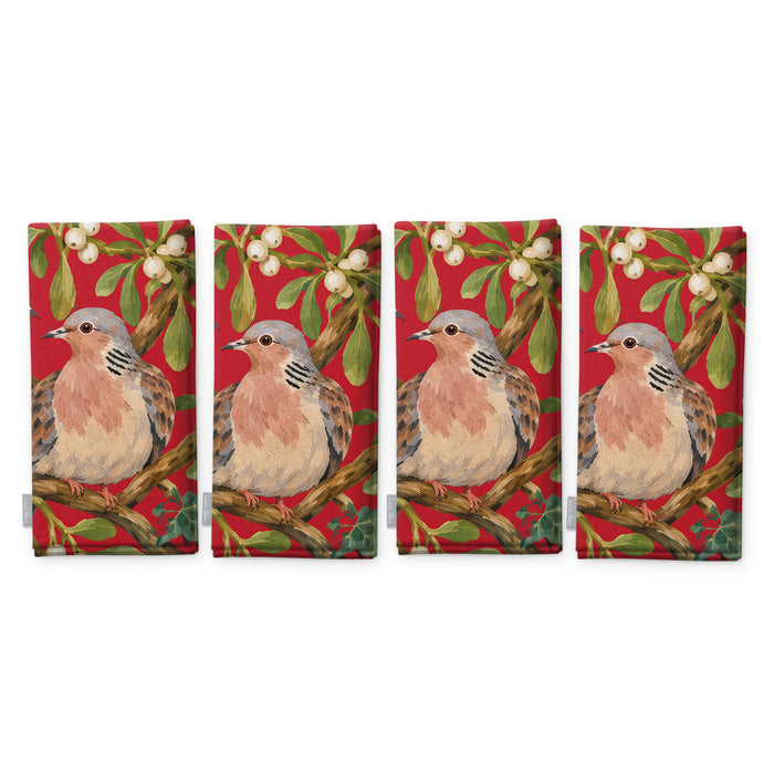 Red Turtle Doves and Mistletoe Christmas napkins, set of four, folded on white, showing the same turtle dove among mistletoe