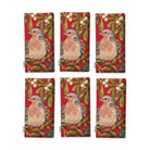 Red Turtle Doves and Mistletoe Christmas napkins, set of six, folded on white, showing the same turtle dove among mistletoe