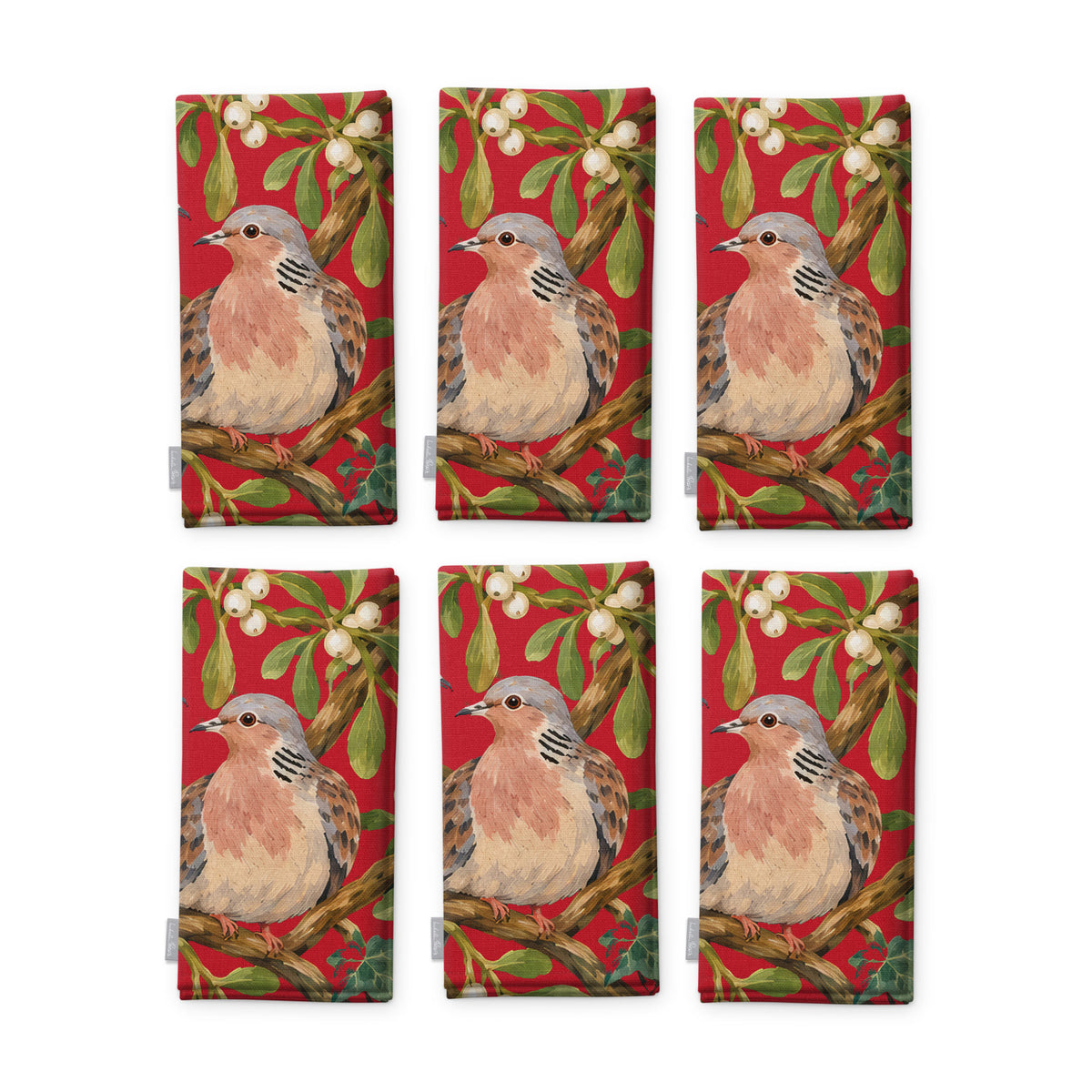 Red Turtle Doves and Mistletoe Christmas napkins, set of six, folded on white, showing the same turtle dove among mistletoe