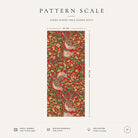 Pattern scale of the Turtle Doves and Mistletoe Christmas table runner in red across its 44 cm width, with care notes