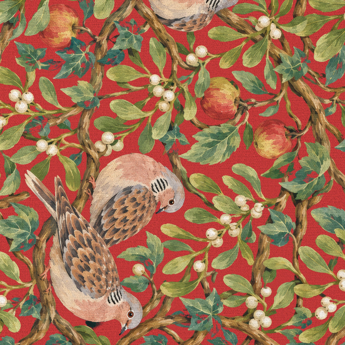 Close-up of the red Turtle Doves and Mistletoe Christmas table runner print on cotton