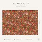 Pattern scale of the Turtle Doves and Mistletoe Christmas tablecloth in red across its 144 cm width, with care notes