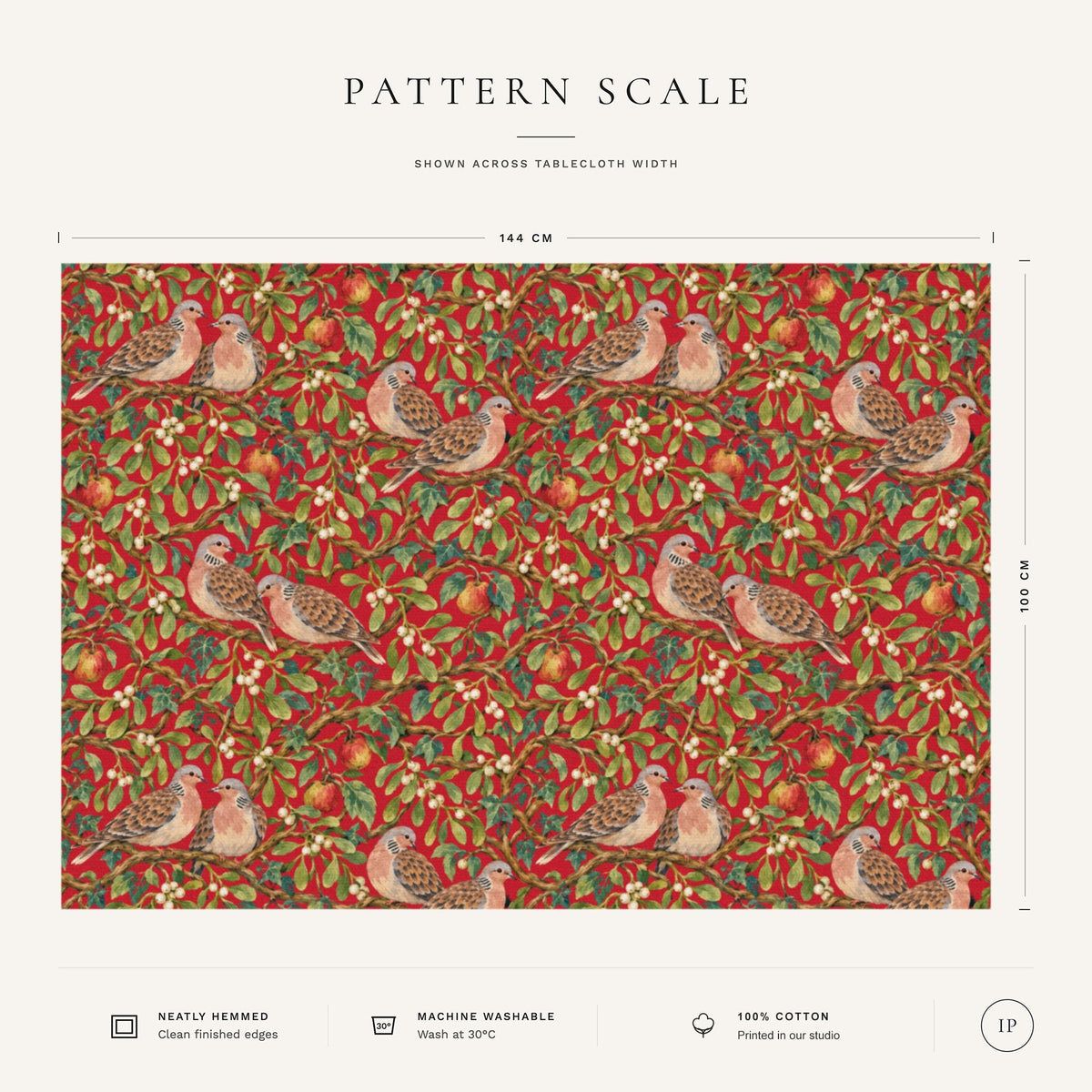 Pattern scale of the Turtle Doves and Mistletoe Christmas tablecloth in red across its 144 cm width, with care notes