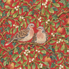 Close-up of the red Turtle Doves and Mistletoe Christmas tablecloth print on cotton