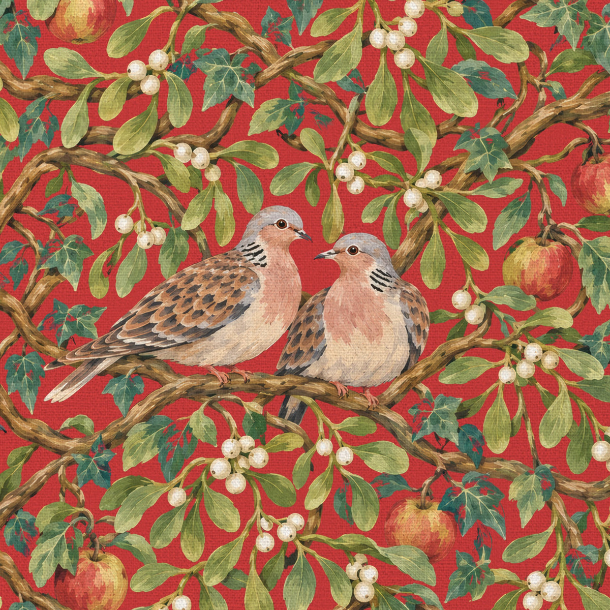Close-up of the red Turtle Doves and Mistletoe Christmas tablecloth print on cotton
