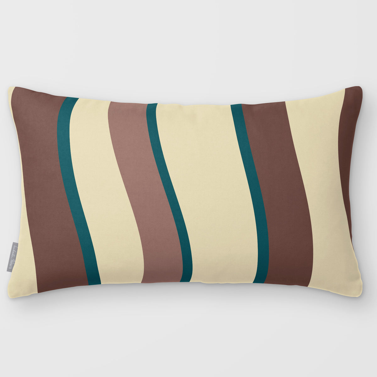 Ribbon Stripe Cocoa & Teal linen-look 50 × 30 cm rectangular cushion, plain sewn edge, front view.