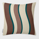 Ribbon Stripe Cocoa & Teal linen-look square cushion, plain sewn edge, front view.