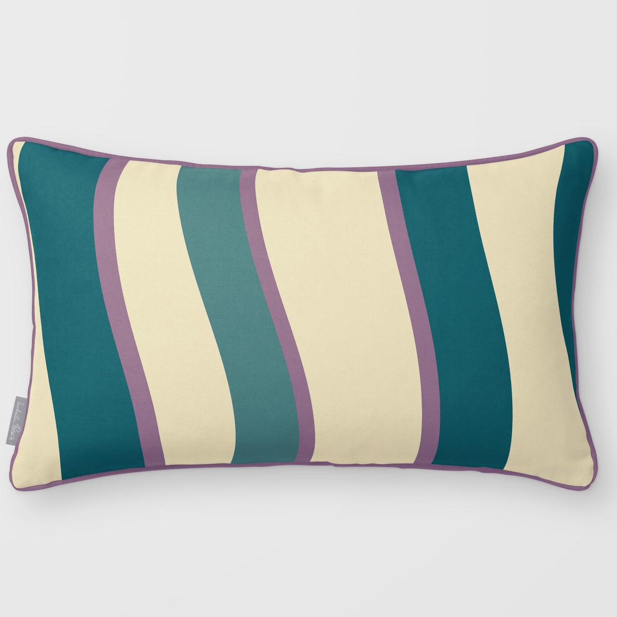 Ribbon Stripe Ink Blue & Lilac linen-look 50 × 30 cm rectangular cushion, piped, front view.
