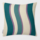 Ribbon Stripe Ink Blue & Lilac linen-look square cushion, plain sewn edge, front view.