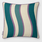 Ribbon Stripe Ink Blue & Lilac linen-look square cushion, piped, front view.