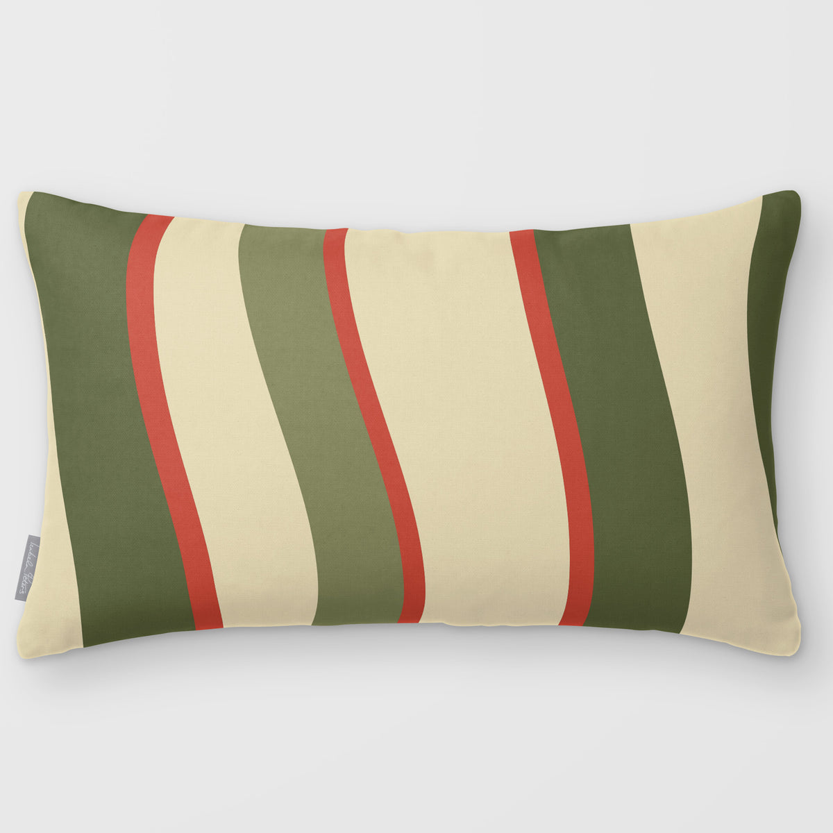 Ribbon Stripe Olive & Tomato linen-look 50 × 30 cm rectangular cushion, plain sewn edge, front view.