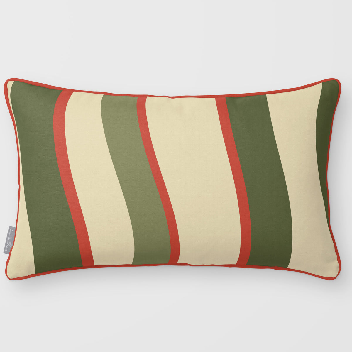 Ribbon Stripe Olive & Tomato linen-look 50 × 30 cm rectangular cushion, piped, front view.