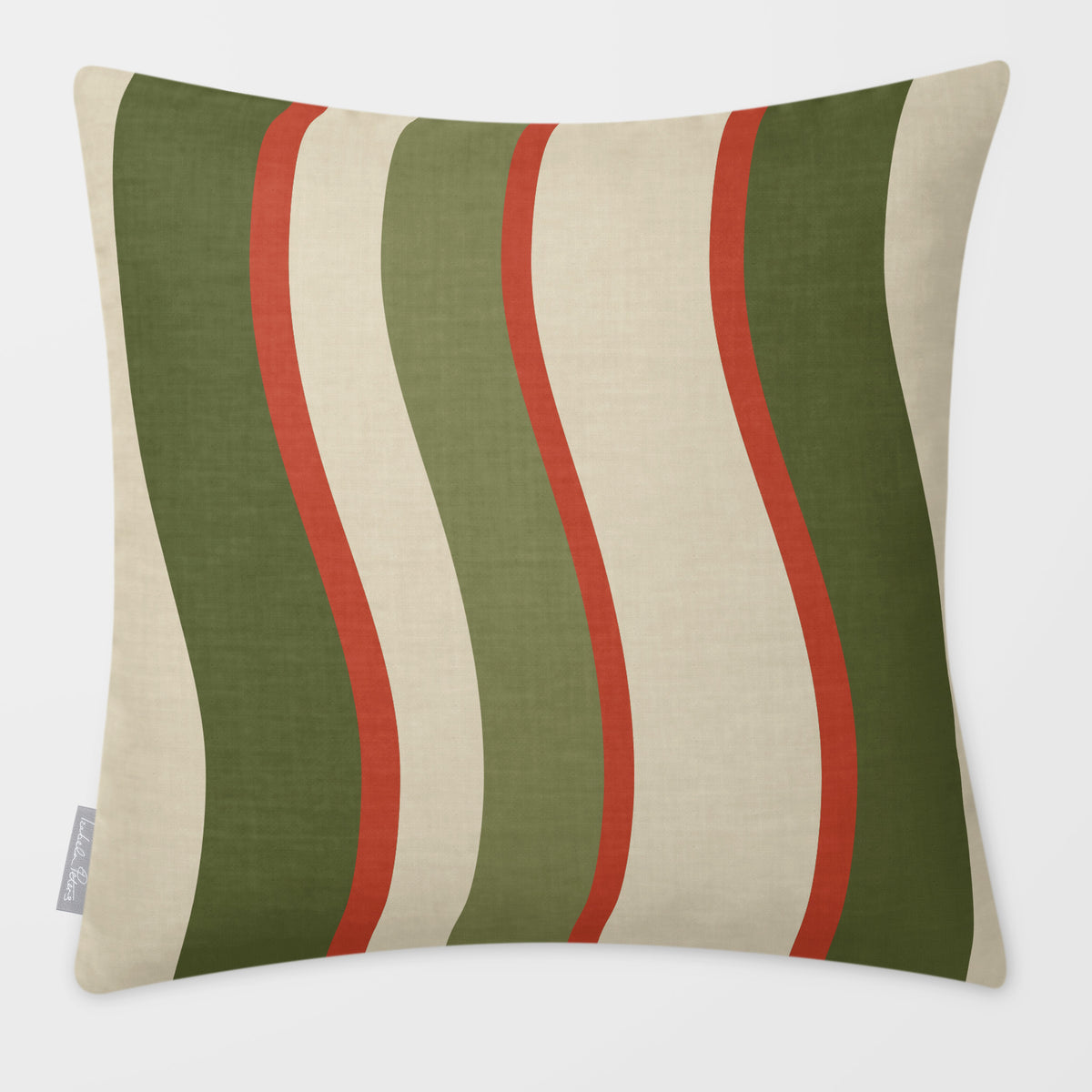 Ribbon Stripe Olive & Tomato linen-look square cushion, plain sewn edge, front view.
