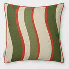 Ribbon Stripe Olive & Tomato linen-look square cushion, piped, front view.