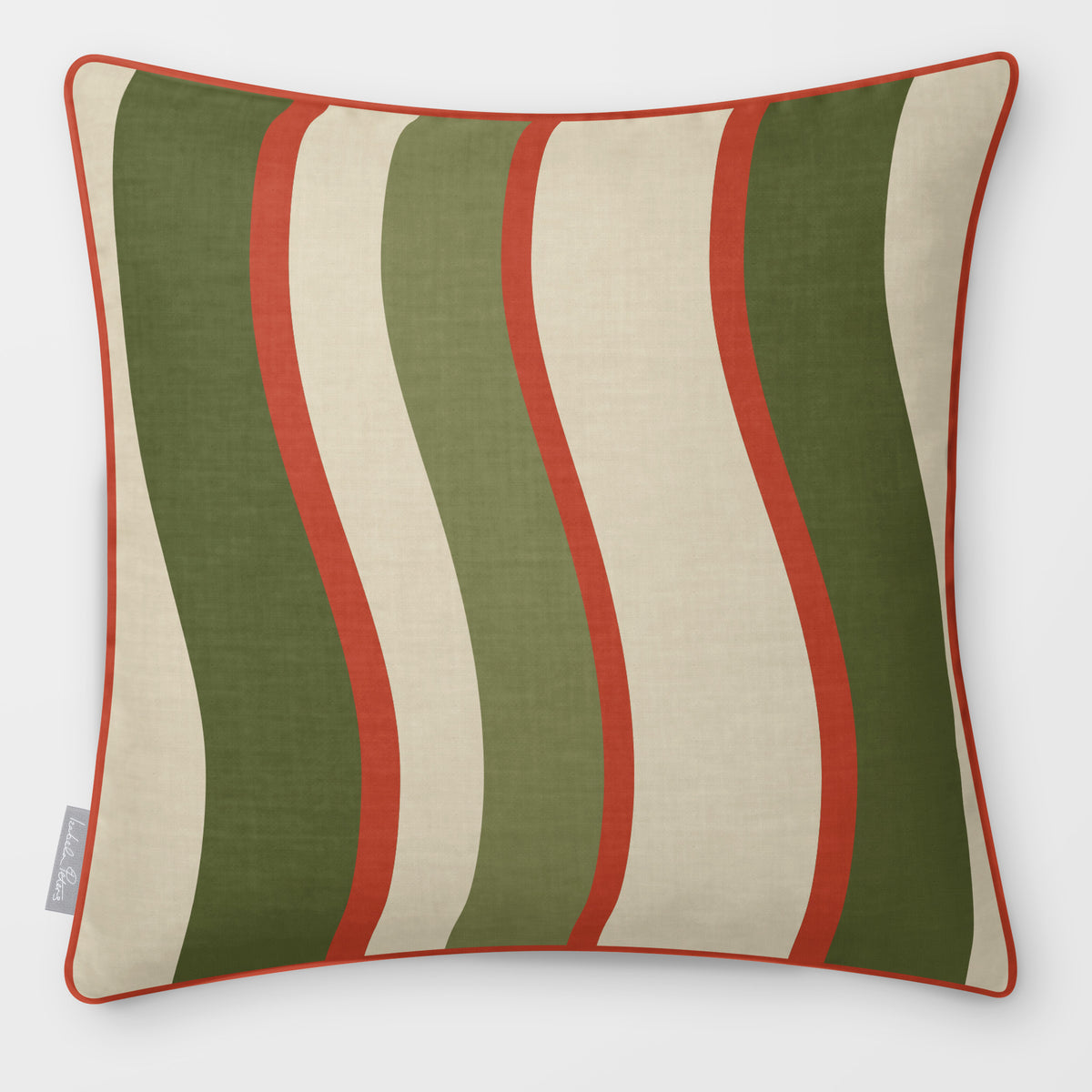 Ribbon Stripe Olive & Tomato linen-look square cushion, piped, front view.