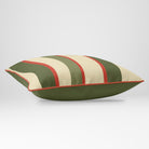 Angled view showing the front and Deep Olive plain reverse of a Ribbon Stripe rectangular cushion in Olive & Tomato, finished with Tomato piping.