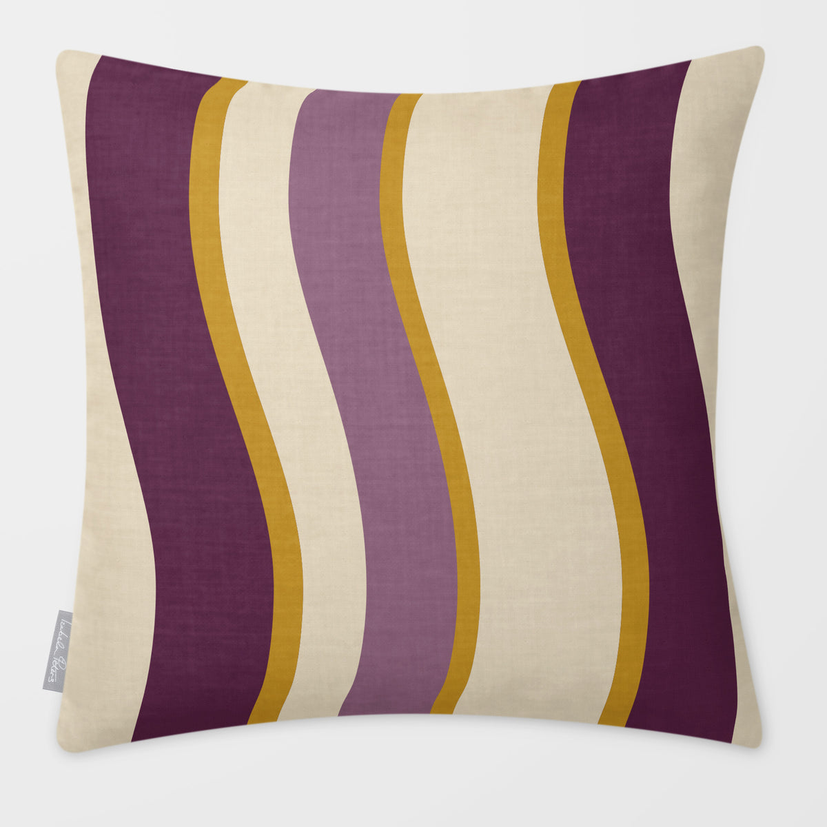 Ribbon Stripe Plum & Saffron linen-look square cushion, plain sewn edge, front view.
