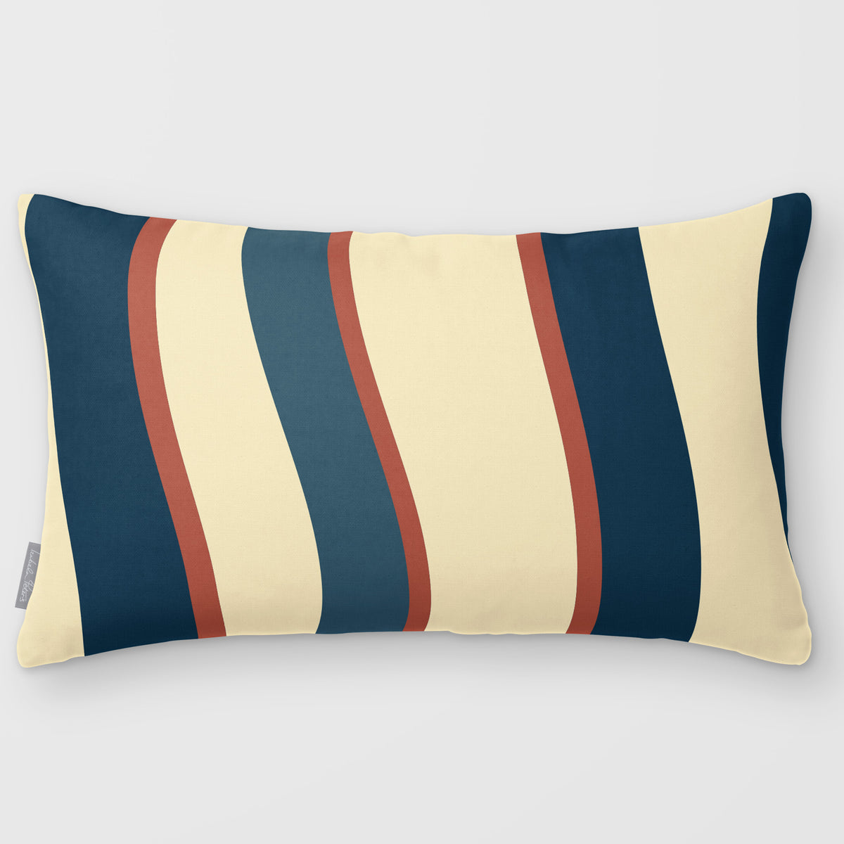 Ribbon Stripe Teal & Persimmon linen-look 50 × 30 cm rectangular cushion, plain sewn edge, front view.