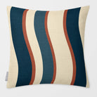 Ribbon Stripe Teal & Persimmon linen-look square cushion, plain sewn edge, front view.