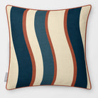 Ribbon Stripe Teal & Persimmon linen-look square cushion, piped, front view.