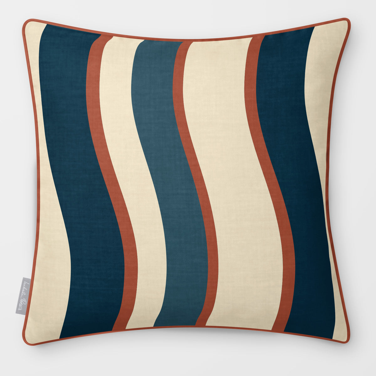 Ribbon Stripe Teal & Persimmon linen-look square cushion, piped, front view.
