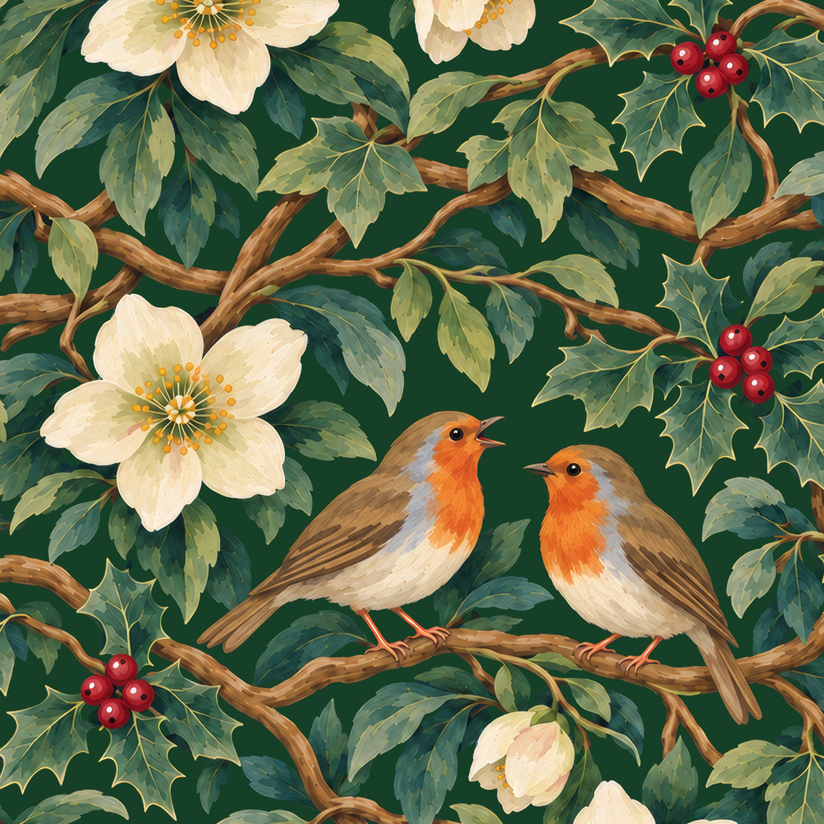 Robins and Christmas Roses napkin print in green