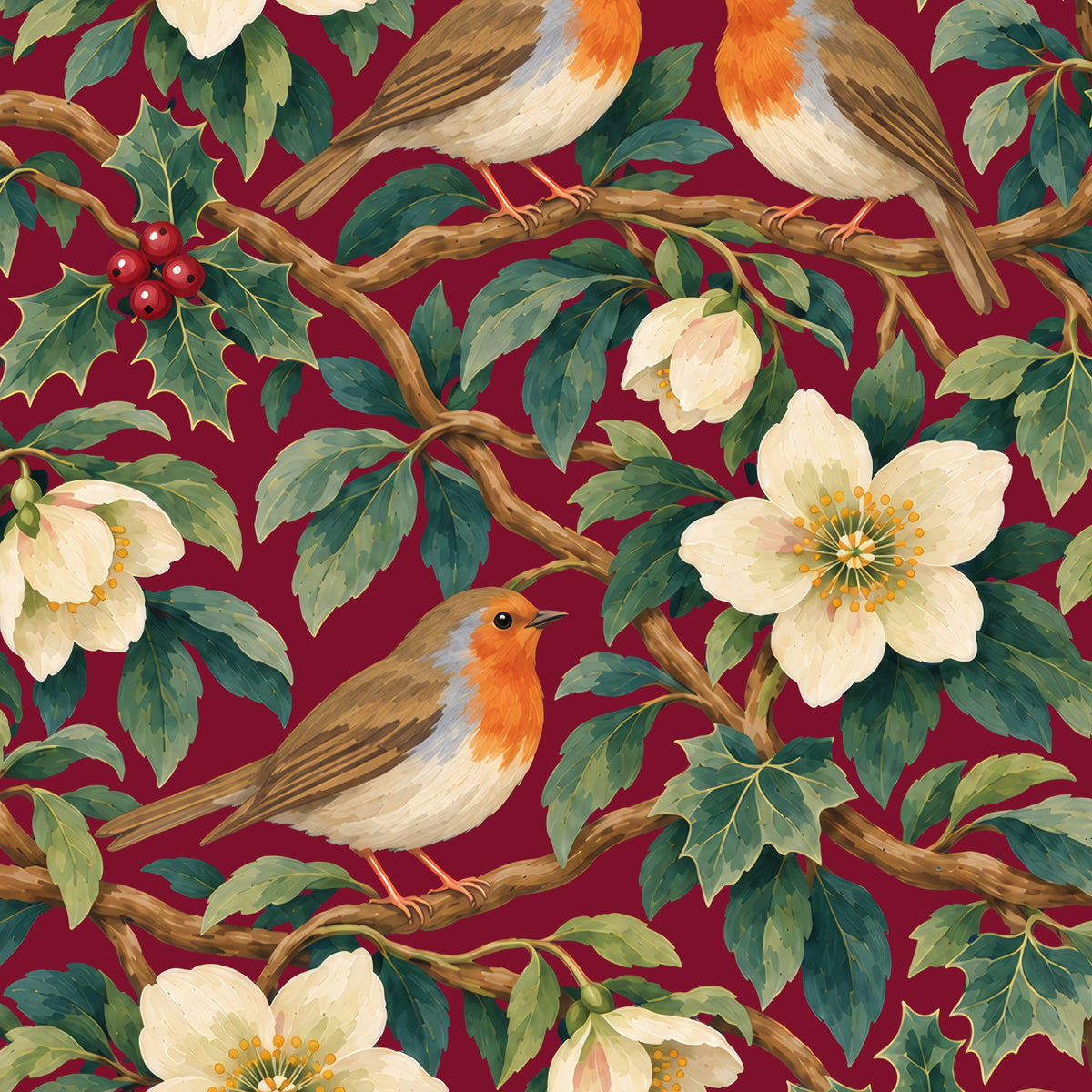 Robins and Christmas Roses table runner print in burgundy