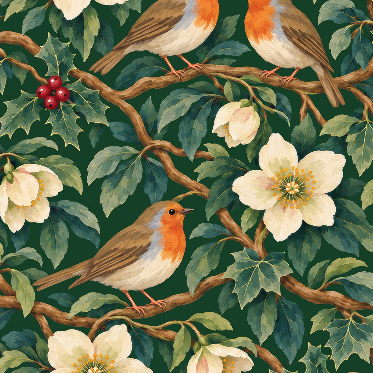 Robins and Christmas Roses table runner print in green