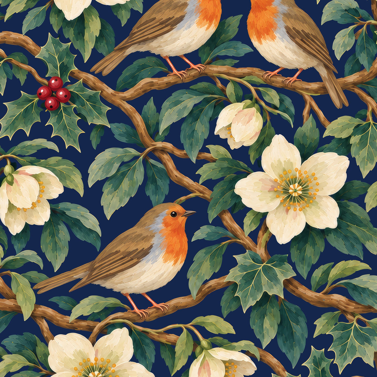Robins and Christmas Roses table runner print in navy