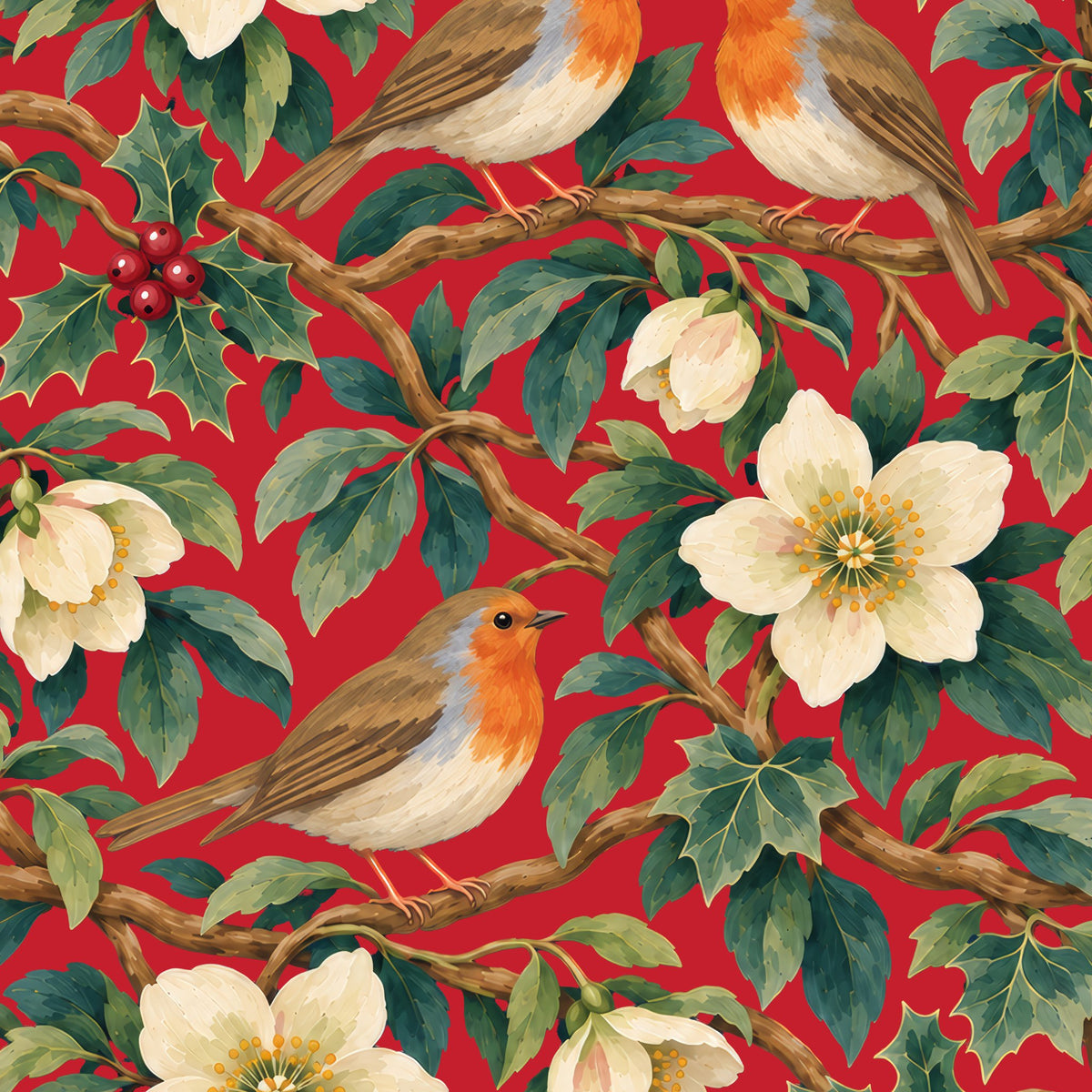 Robins and Christmas Roses table runner print in red