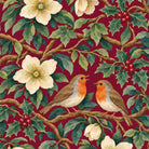 Robins and Christmas Roses tablecloth print in burgundy