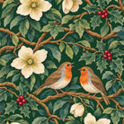 Robins and Christmas Roses tablecloth print in green