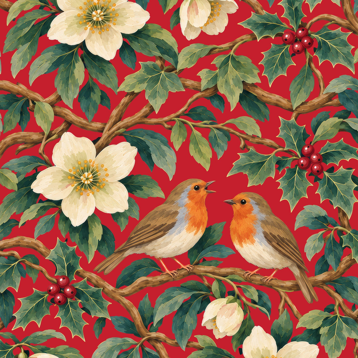 Robins and Christmas Roses tablecloth print in red