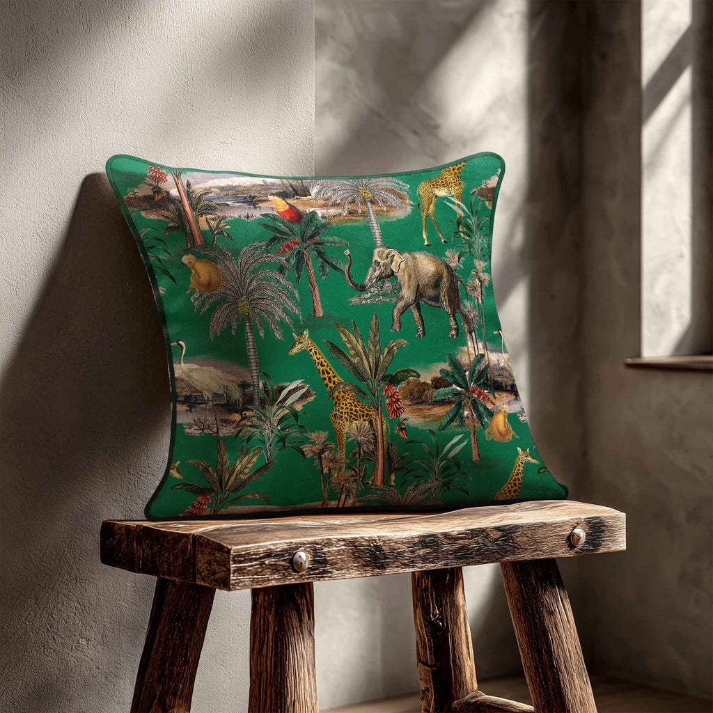 Safari Voyage | Sustainable Velvet Cushion - Emerald Green 40 x 40 cm Piped by Izabela Peters