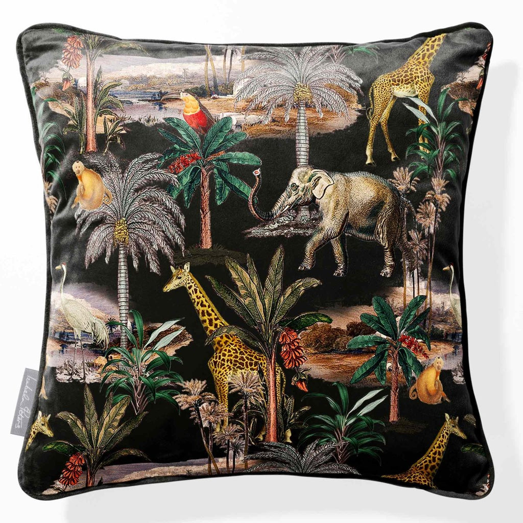 Safari Voyage | Sustainable Velvet Cushion - Charcoal 40 x 40 cm Piped by Izabela Peters