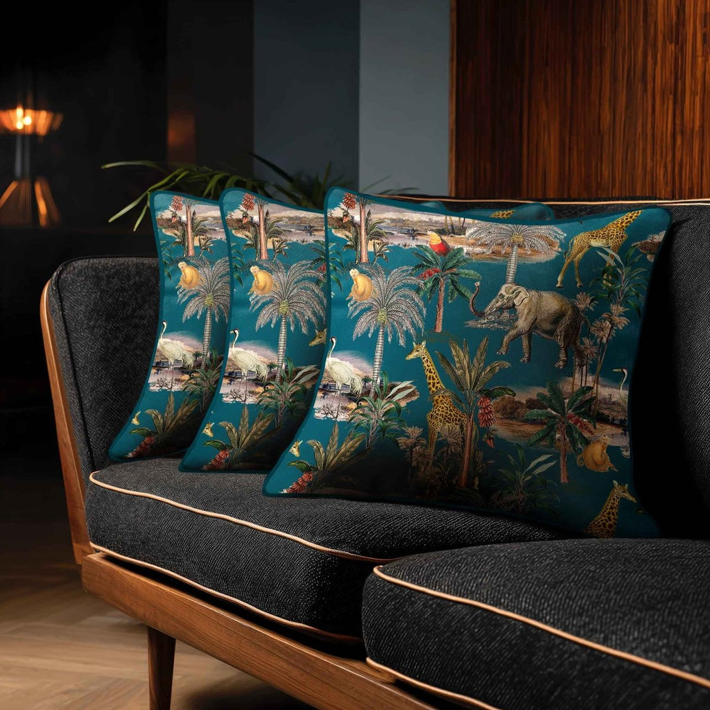Safari Voyage | Sustainable Velvet Cushion - Teal 40 x 40 cm Piped by Izabela Peters