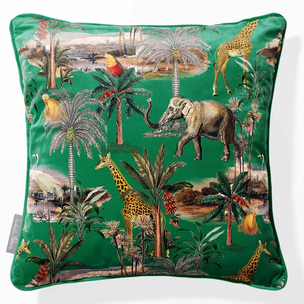Safari Voyage | Sustainable Velvet Cushion - Emerald Green 40 x 40 cm Piped by Izabela Peters