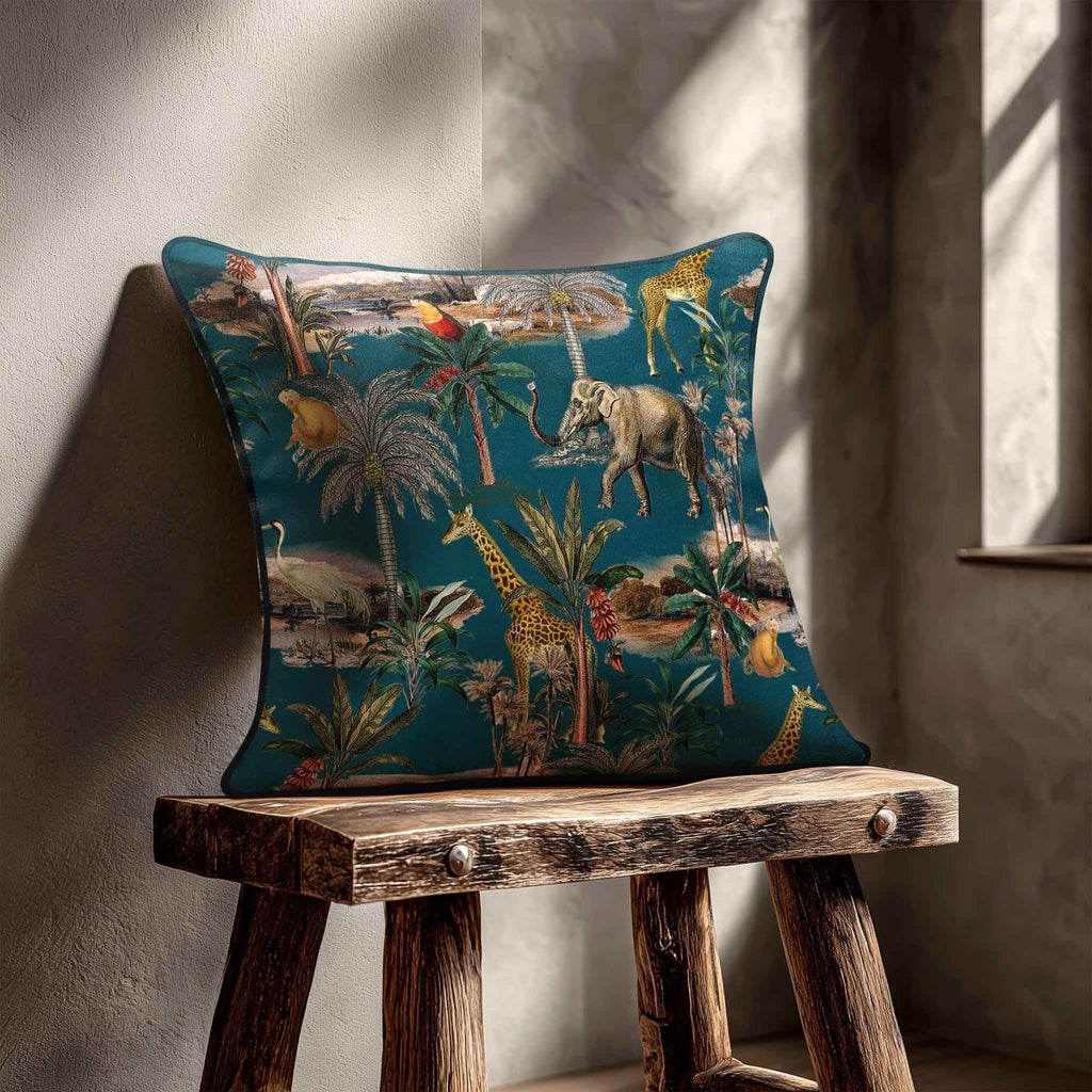 Safari Voyage | Sustainable Velvet Cushion - Teal 40 x 40 cm Piped by Izabela Peters