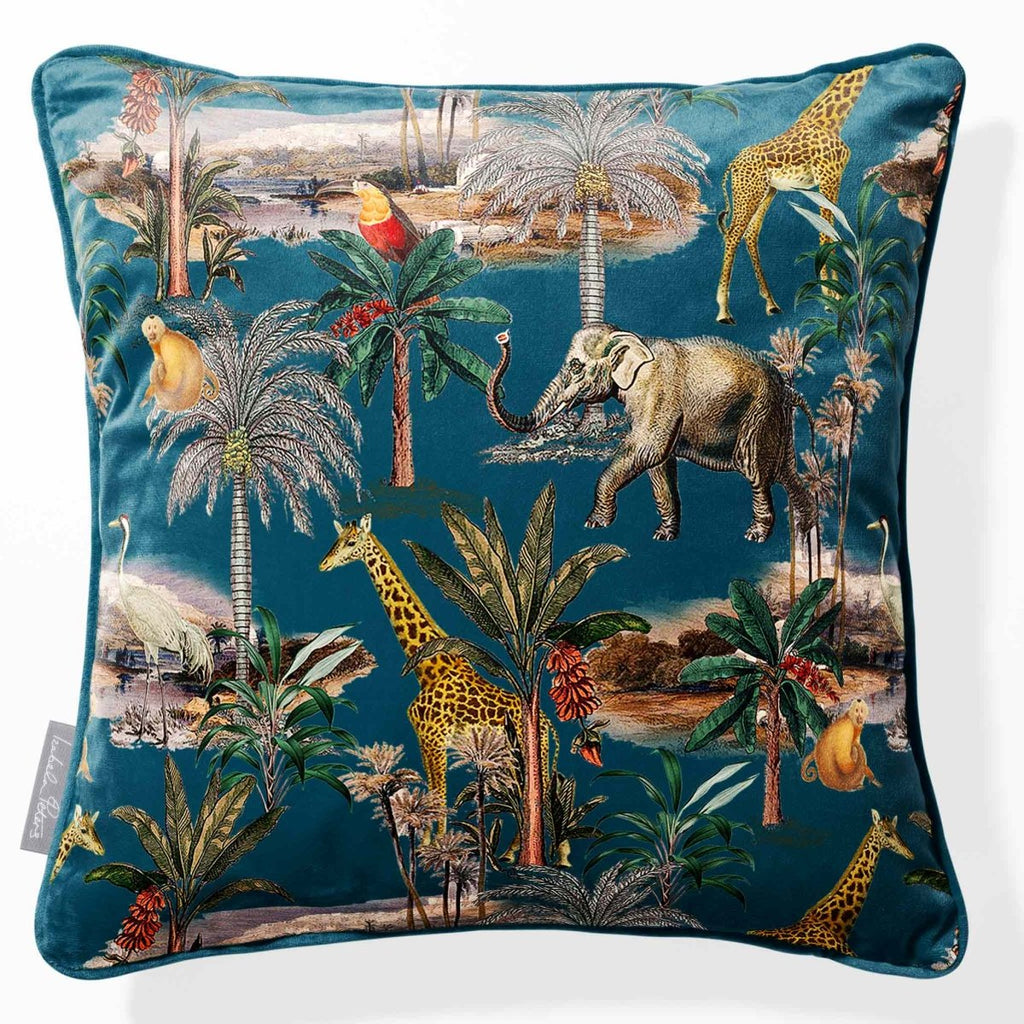 Safari Voyage | Sustainable Velvet Cushion - Teal 40 x 40 cm Piped by Izabela Peters