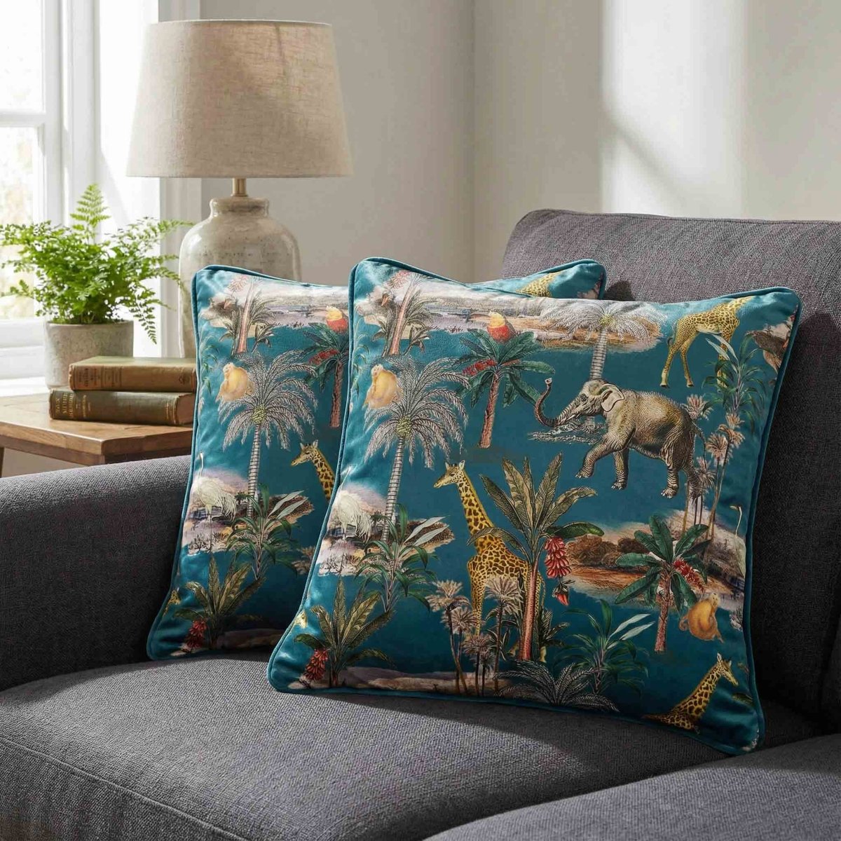 Safari Voyage | Sustainable Velvet Cushion - Teal 40 x 40 cm Piped by Izabela Peters