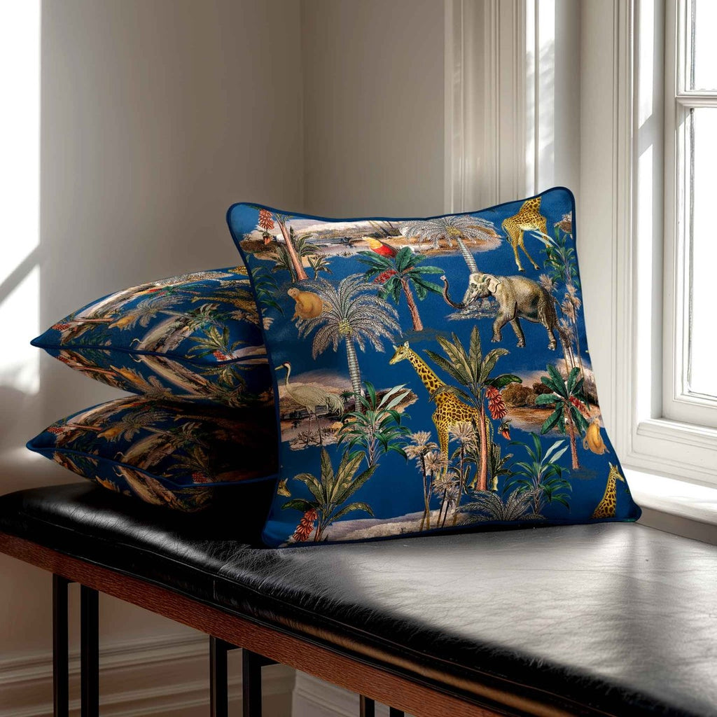 Safari Voyage | Sustainable Velvet Cushion - Estate Blue 40 x 40 cm Piped by Izabela Peters
