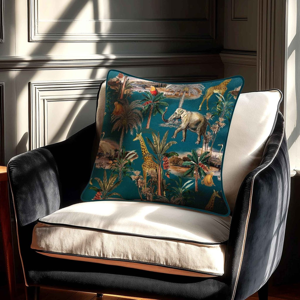 Safari Voyage | Sustainable Velvet Cushion - Teal 40 x 40 cm Piped by Izabela Peters